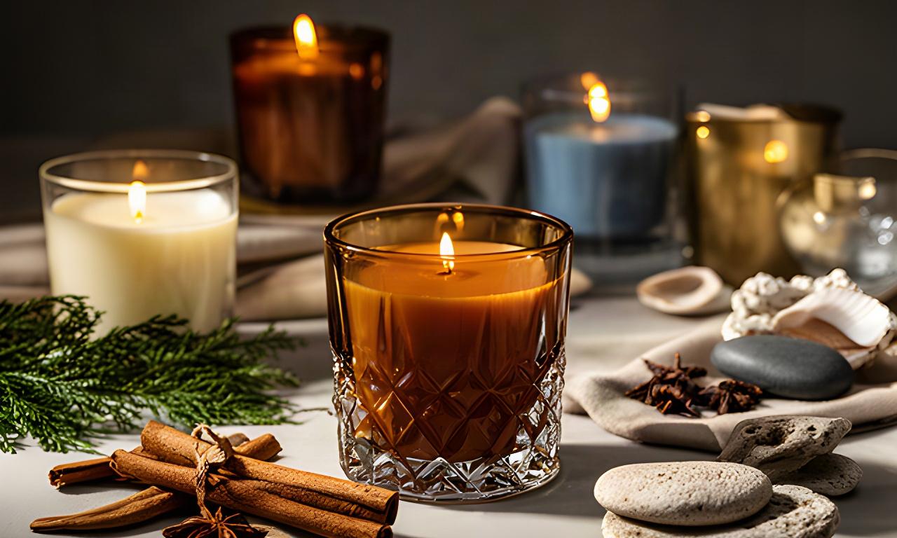 Velas premium en recipientes de vidrio tallado sobre una mesa con especias y recuerdos de viaje