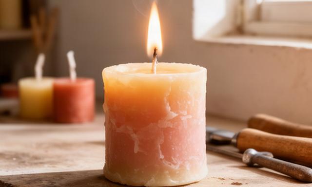 Vela aromática artesanal encendida sobre una mesa de trabajo en Adra