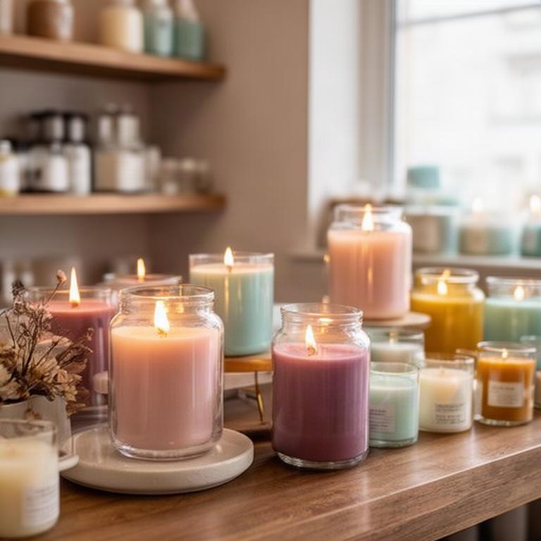 Colección de velas aromáticas en frascos de vidrio sobre una estantería del taller