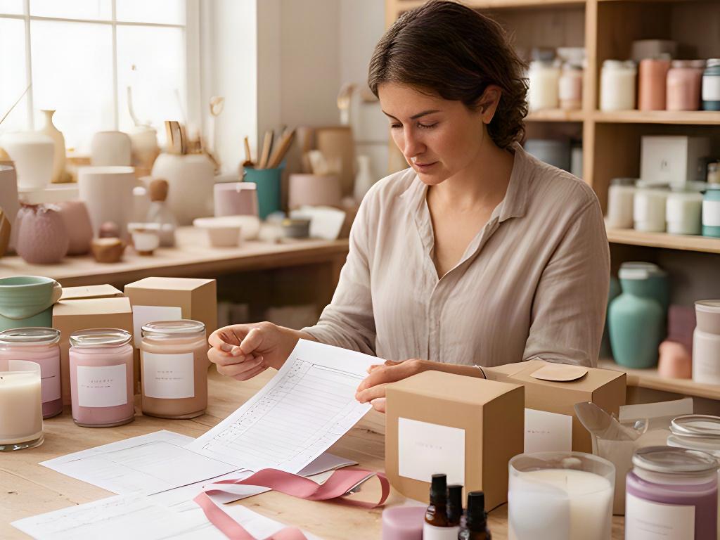Artesana revisando etiquetas de velas aromáticas y documentos de pedido en un taller de Adra