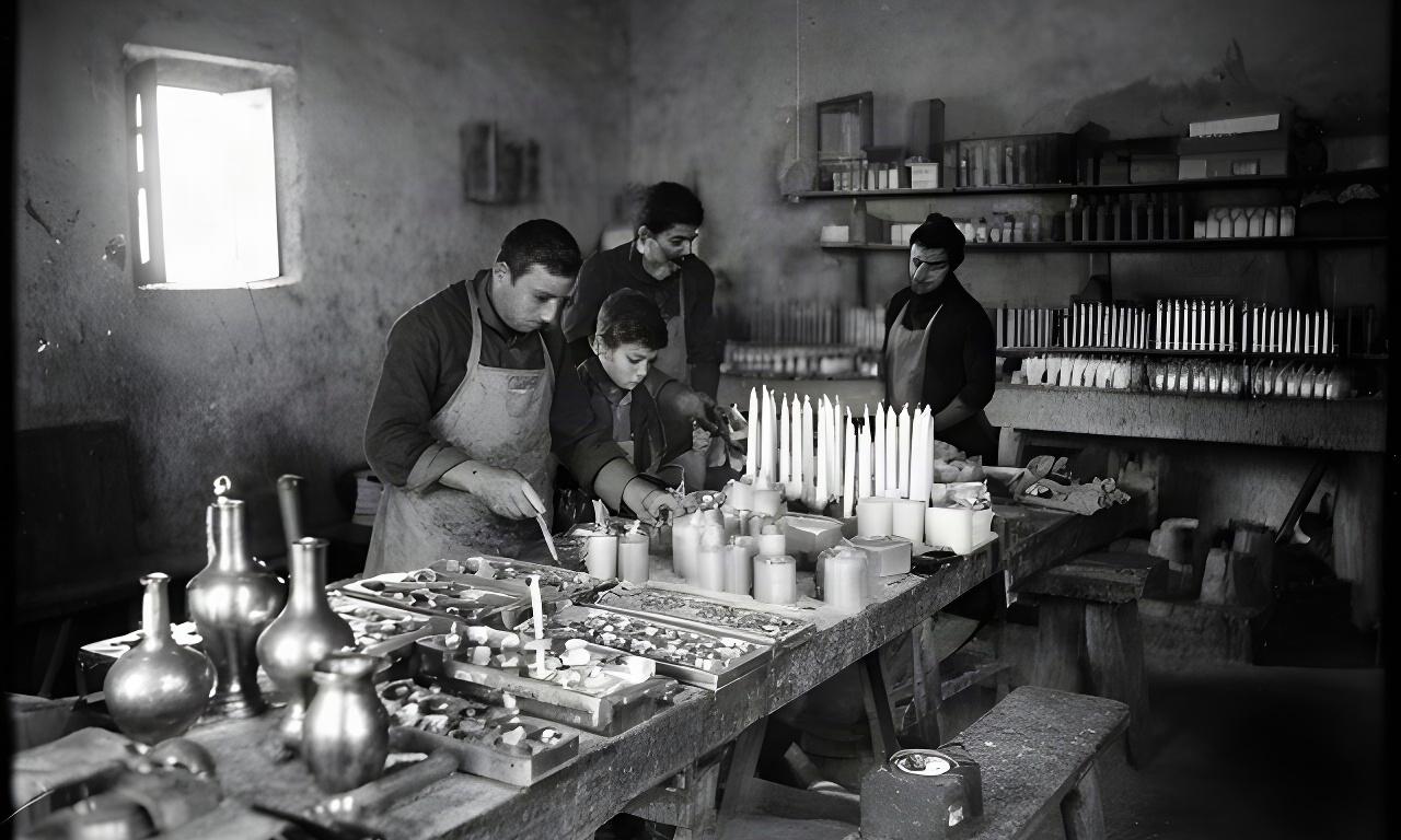 Fotografía antigua en blanco y negro del primer taller familiar de velas en Adra