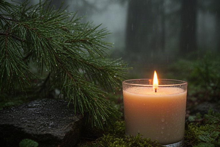 Vela aromática de soja encendida junto a ramas húmedas y musgo en tonos verdes