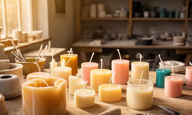 Taller de velas aromáticas con moldes, mechas y recipientes sobre una mesa