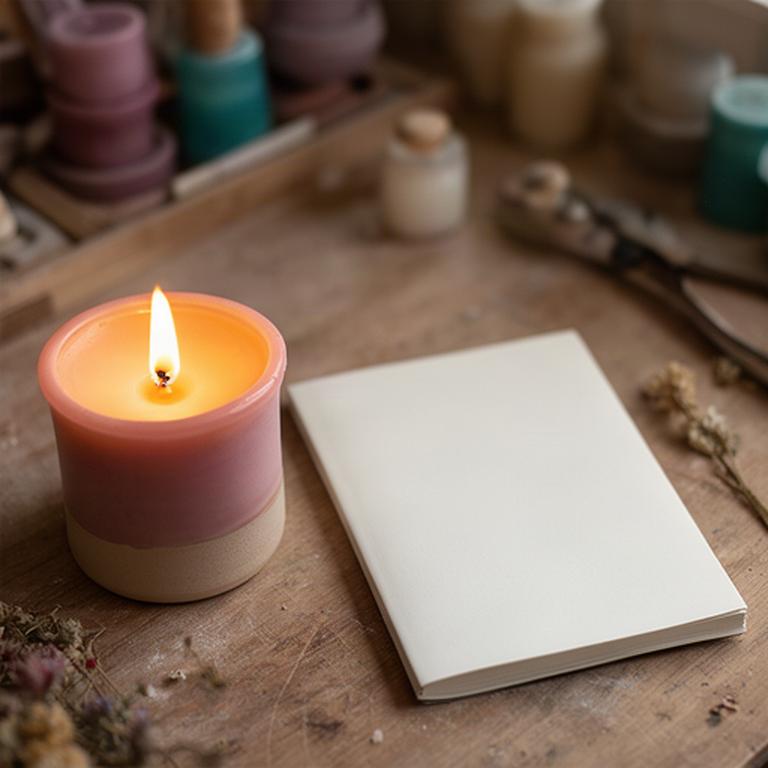 Vela aromática encendida junto a una libreta de privacidad en un taller artesanal de Adra