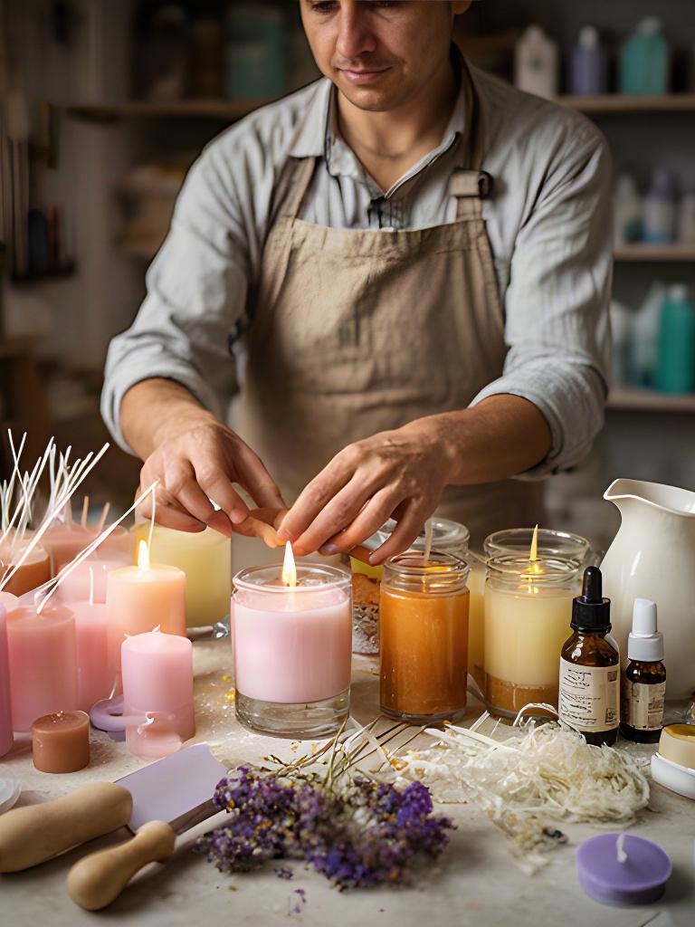 Artesana preparando velas aromáticas sobre una mesa de trabajo en el taller de Adra