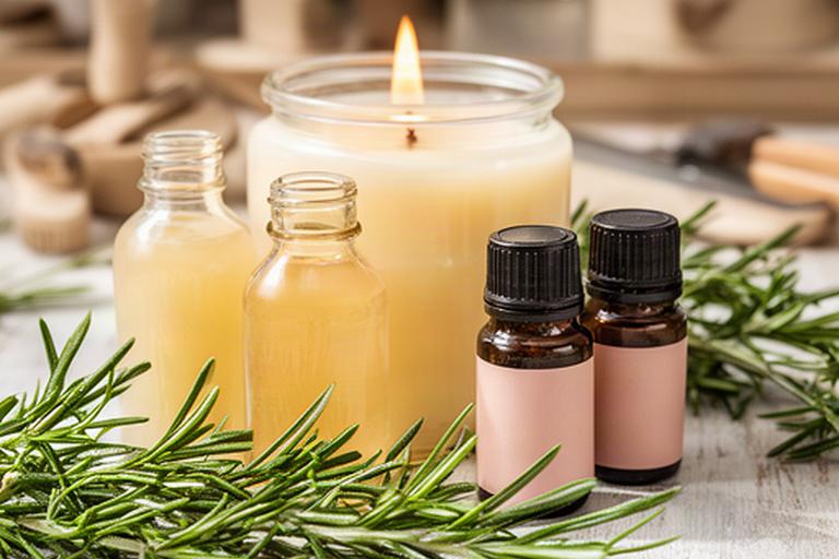 Frascos de aceites esenciales junto a una vela artesanal y ramas de romero